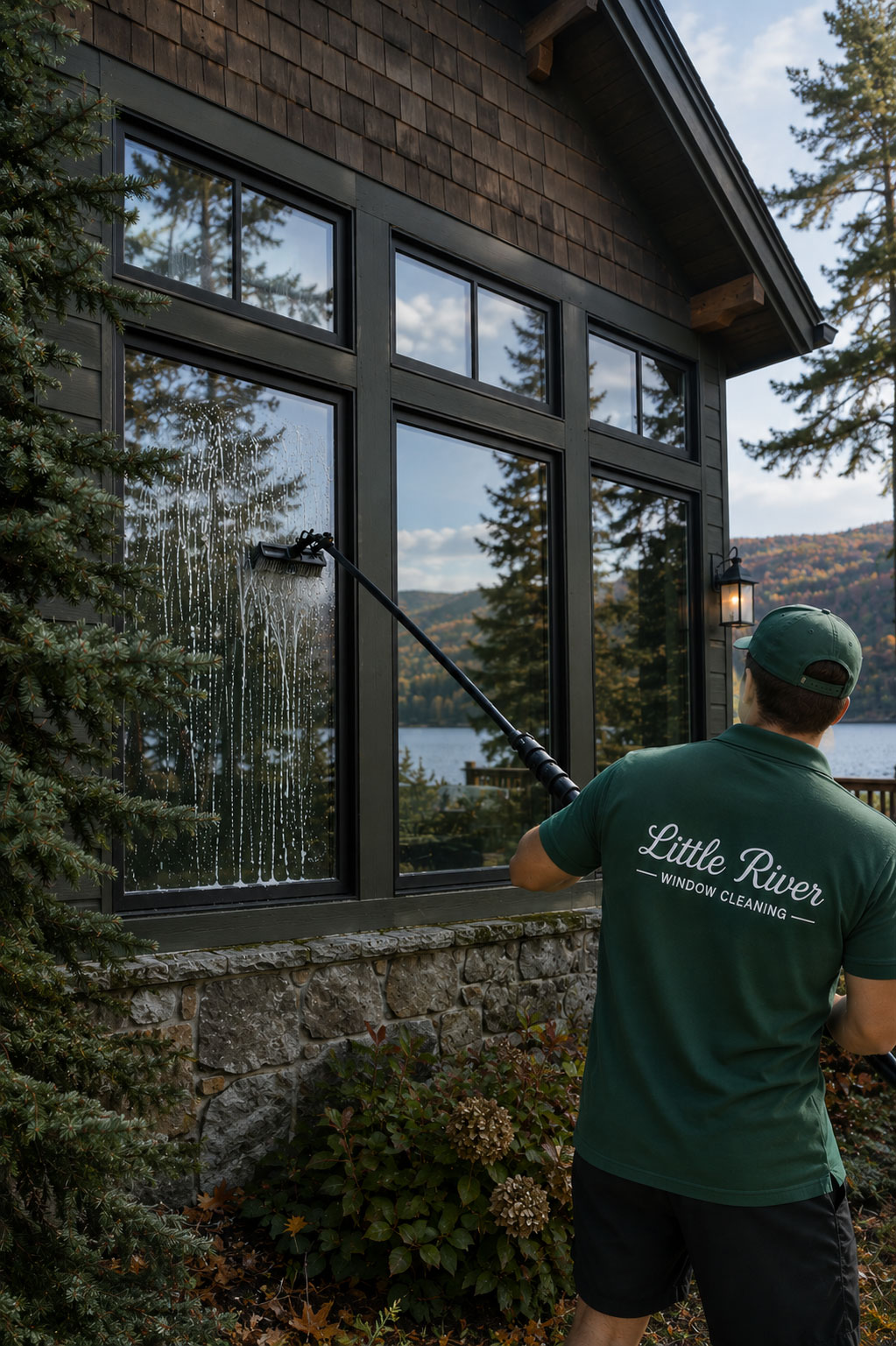 Little River technician cleaning exterior windows of a Hudson Valley home