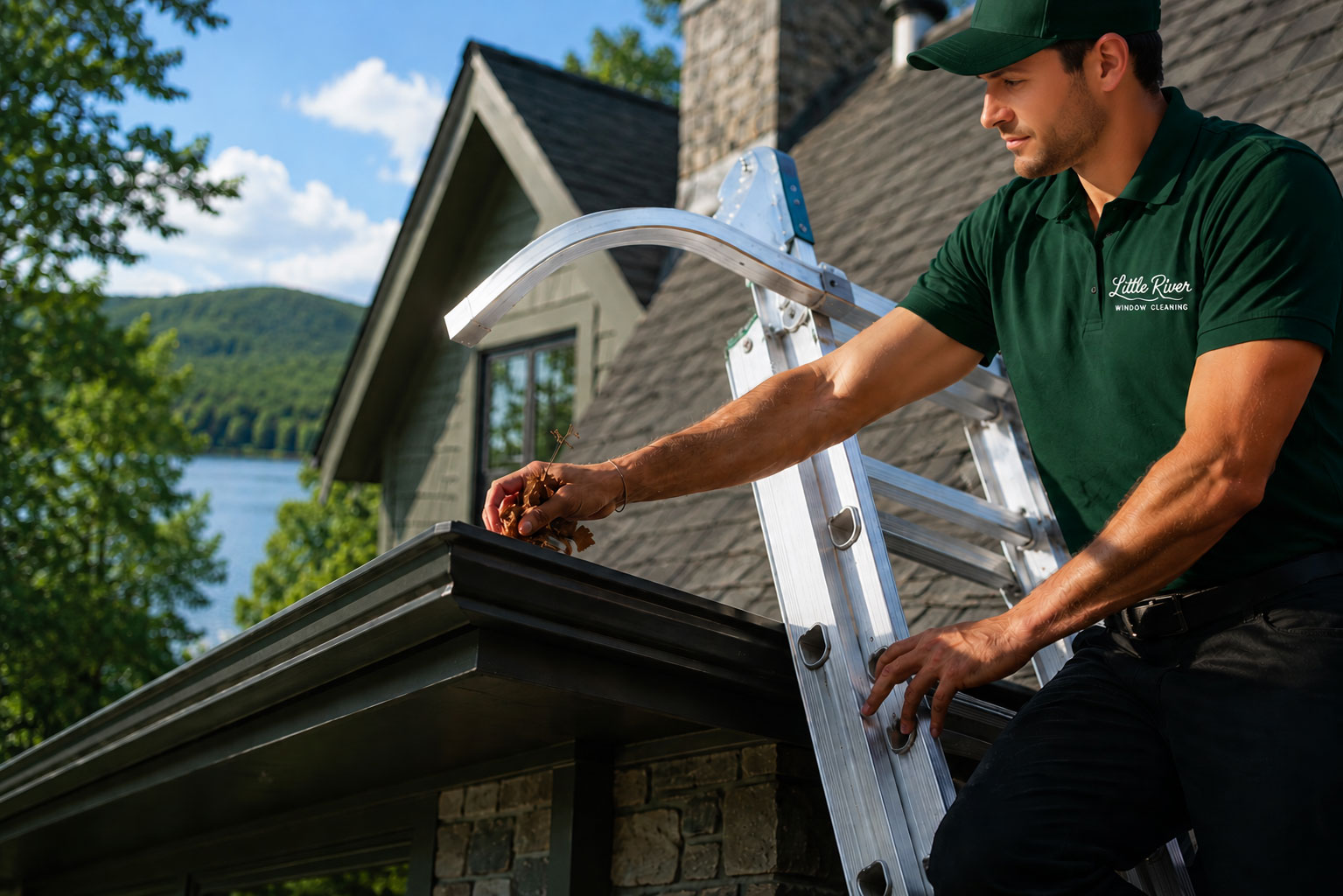Gutter cleaning on a Hudson Valley home to prevent water damage