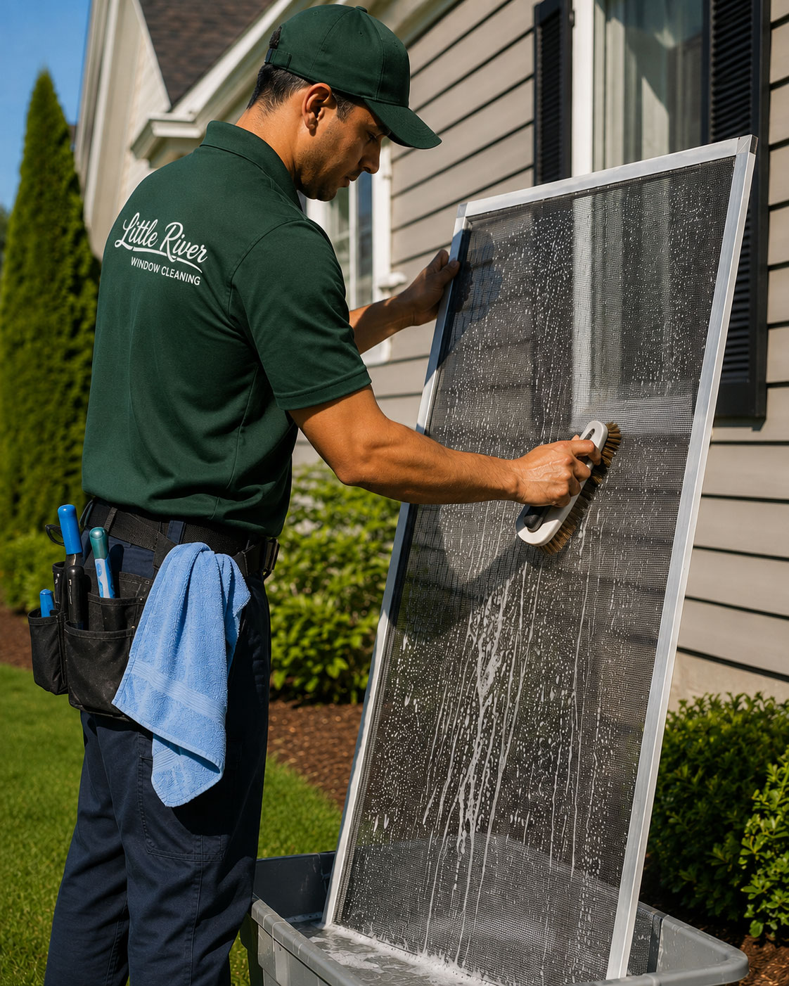Window screen removed and hand-washed during a screen cleaning service
